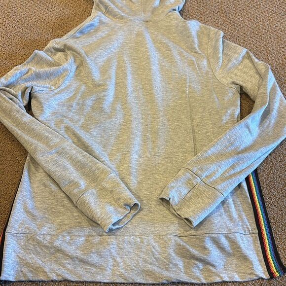 Terez Women’s Grey Zip-up Hooded Sweatshirt with Rainbow Stitched Side Slits - Picture 8 of 8